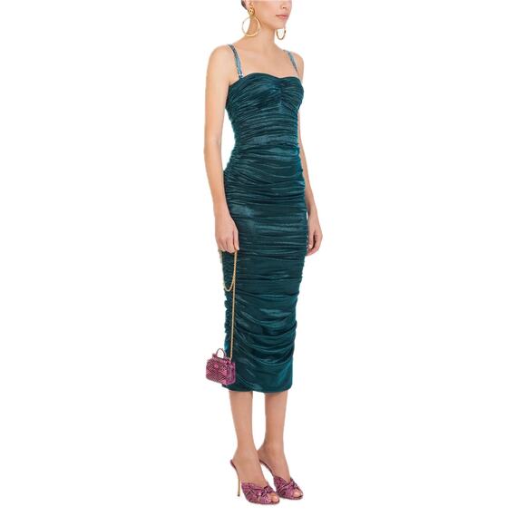 NWT Dolce & Gabbana Green Longuette Lame Satin Ruched Bodycon Midi Dress 44 L - Picture 8 of 12